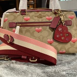 RARE HTF Coach Rowan Pink Heart Print Signature Satchel & Htf Charm bundle!